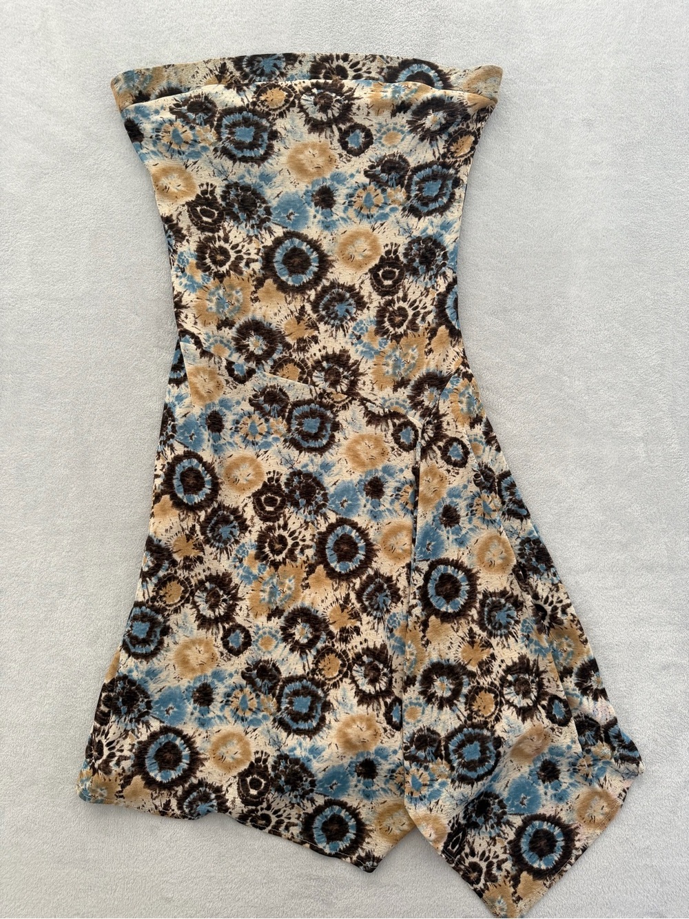 Strapless Floral Tie-Dye Midi Dress in Blue and Tan
